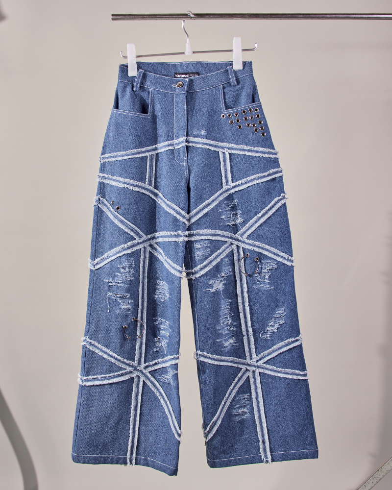 Front view of Criss oversized denim pants – Volfsbane streetwear for women India