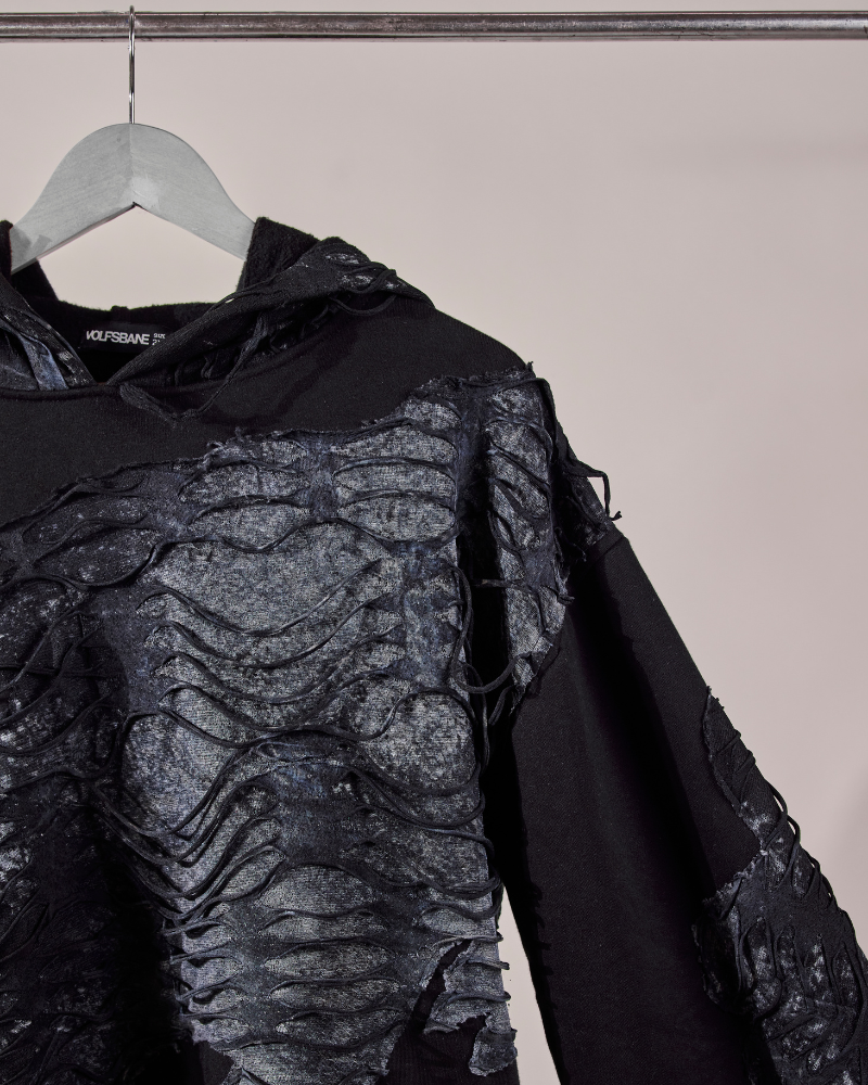 Close-up of Awake hoodie graphic print – Volfsbane oversized unisex hoodie
