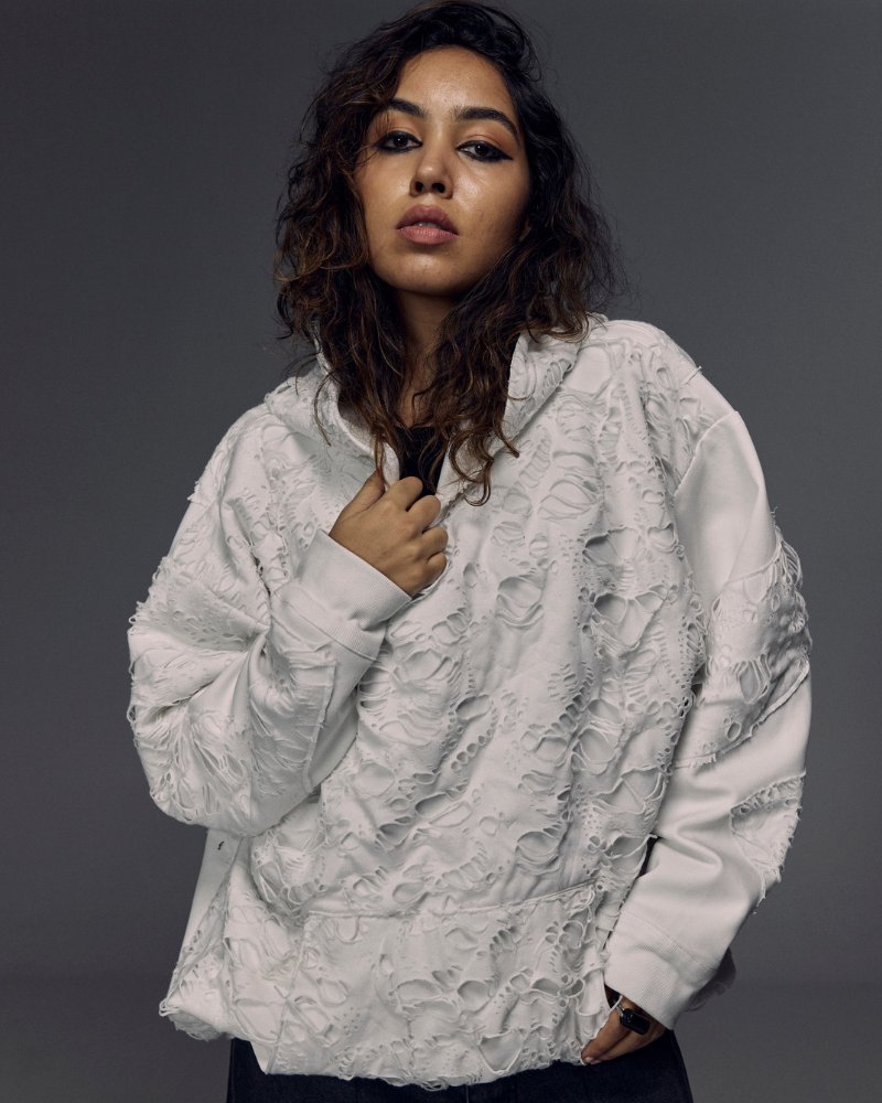 Alternate front pose of female model in Bite Me oversized hoodie – Volfsbane edgy streetwear