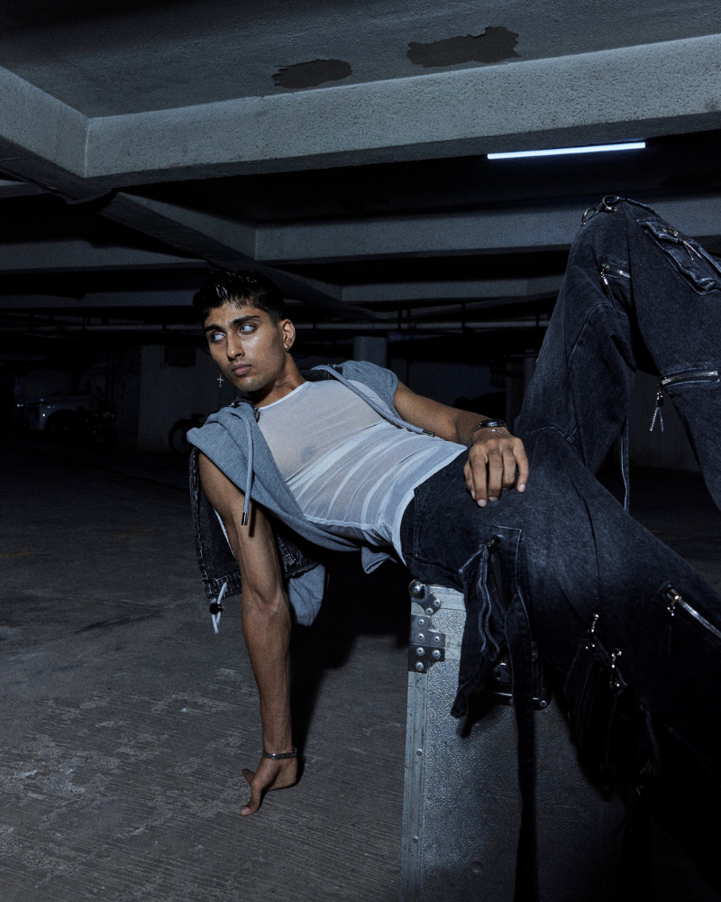 Female model wearing Crescent sheer tank front view – Volfsbane women’s streetwear India
