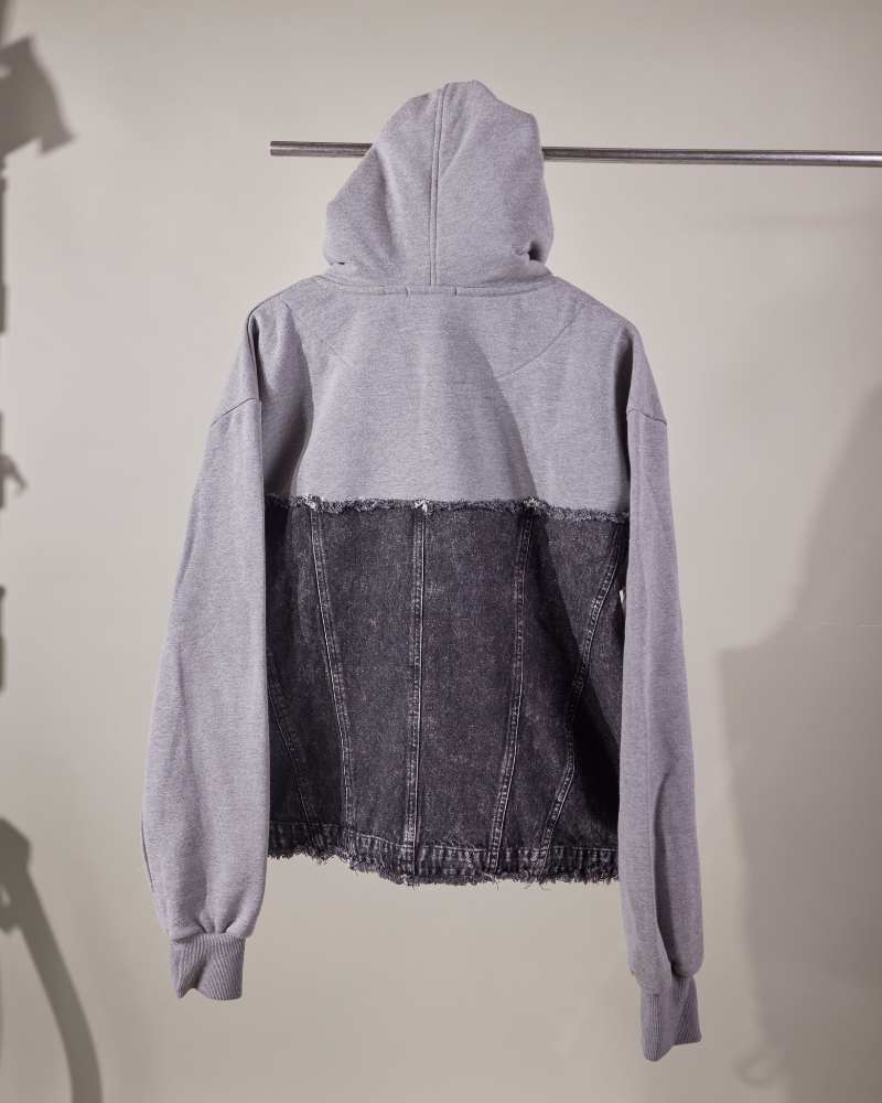 Back view of raw denim oversized hoodie with drop shoulders – Volfsbane India
