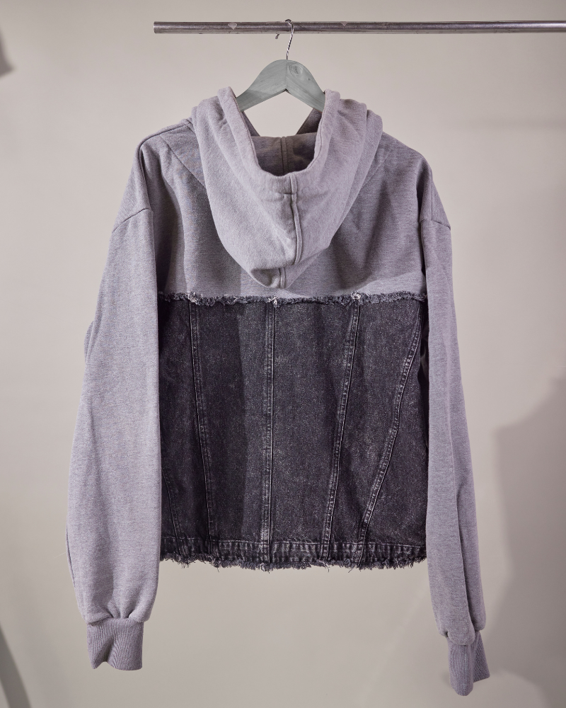 Close-up of hoodie detail with raw denim texture – Volfsbane oversized hoodie