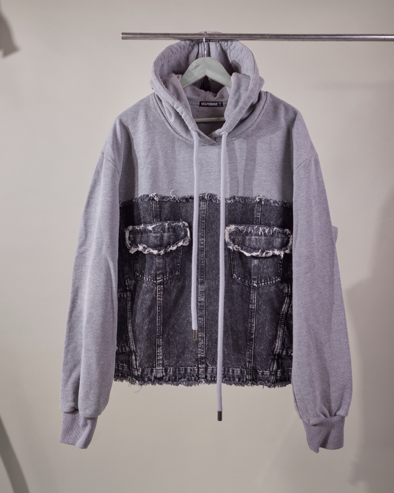 Front view of raw denim oversized hoodie – Volfsbane unisex streetwear India