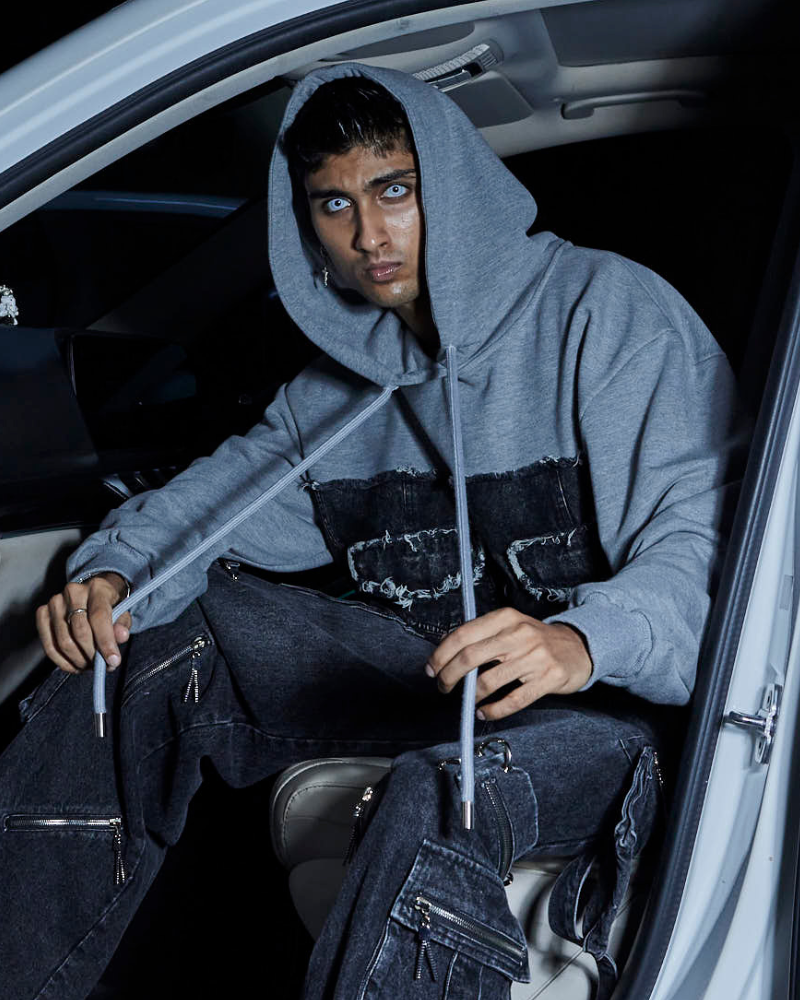 Close-up of raw denim hood on oversized hoodie for men – Volfsbane India