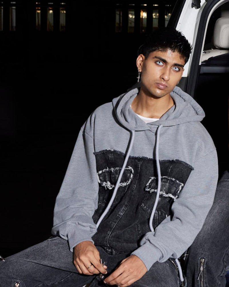 Front view of raw denim oversized hoodie for men – Volfsbane streetwear India