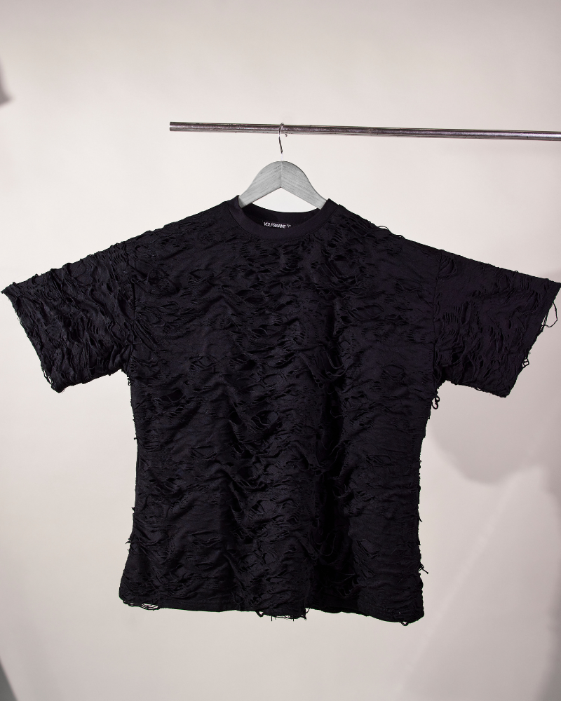 Front view of Torn oversized T-shirt with ripped detailing – Volfsbane streetwear India
