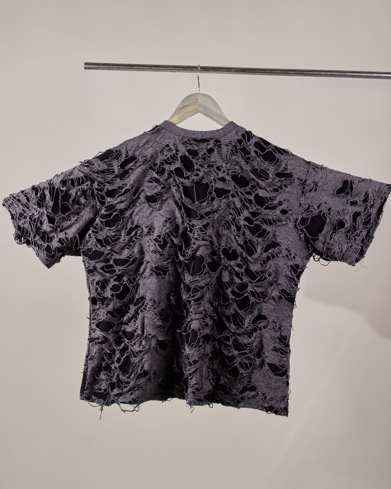 Back view of grey Torn oversized T-shirt – Volfsbane unisex grunge style streetwear
